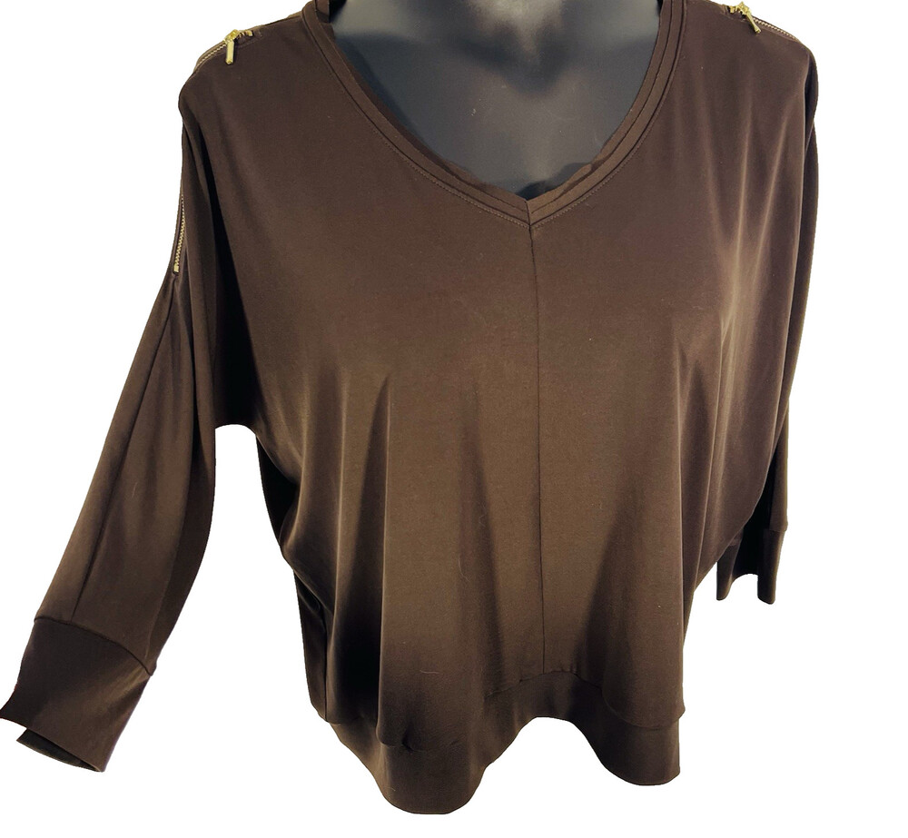 Chico's - Blouse Womens L Dark Bown Zippered Dolman Sleeve